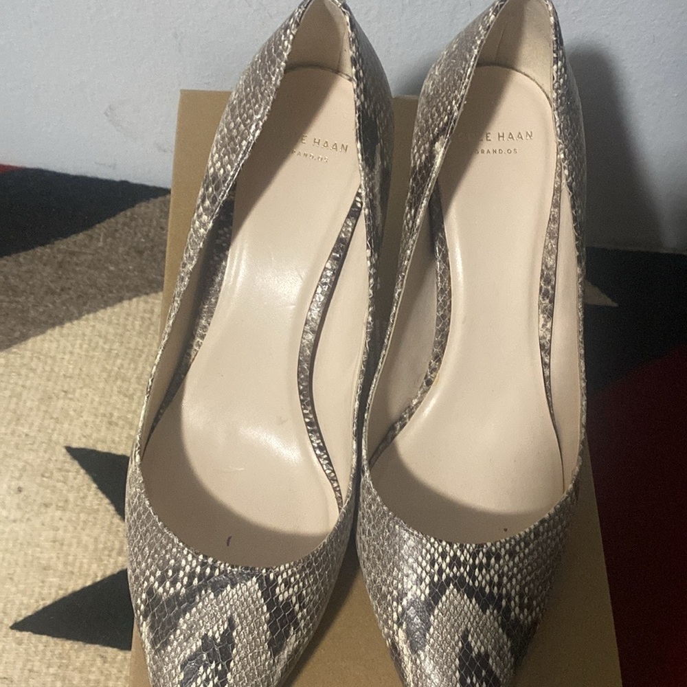 Cole Haan snake print pumps, size 9B, 3.5” kitten heels
